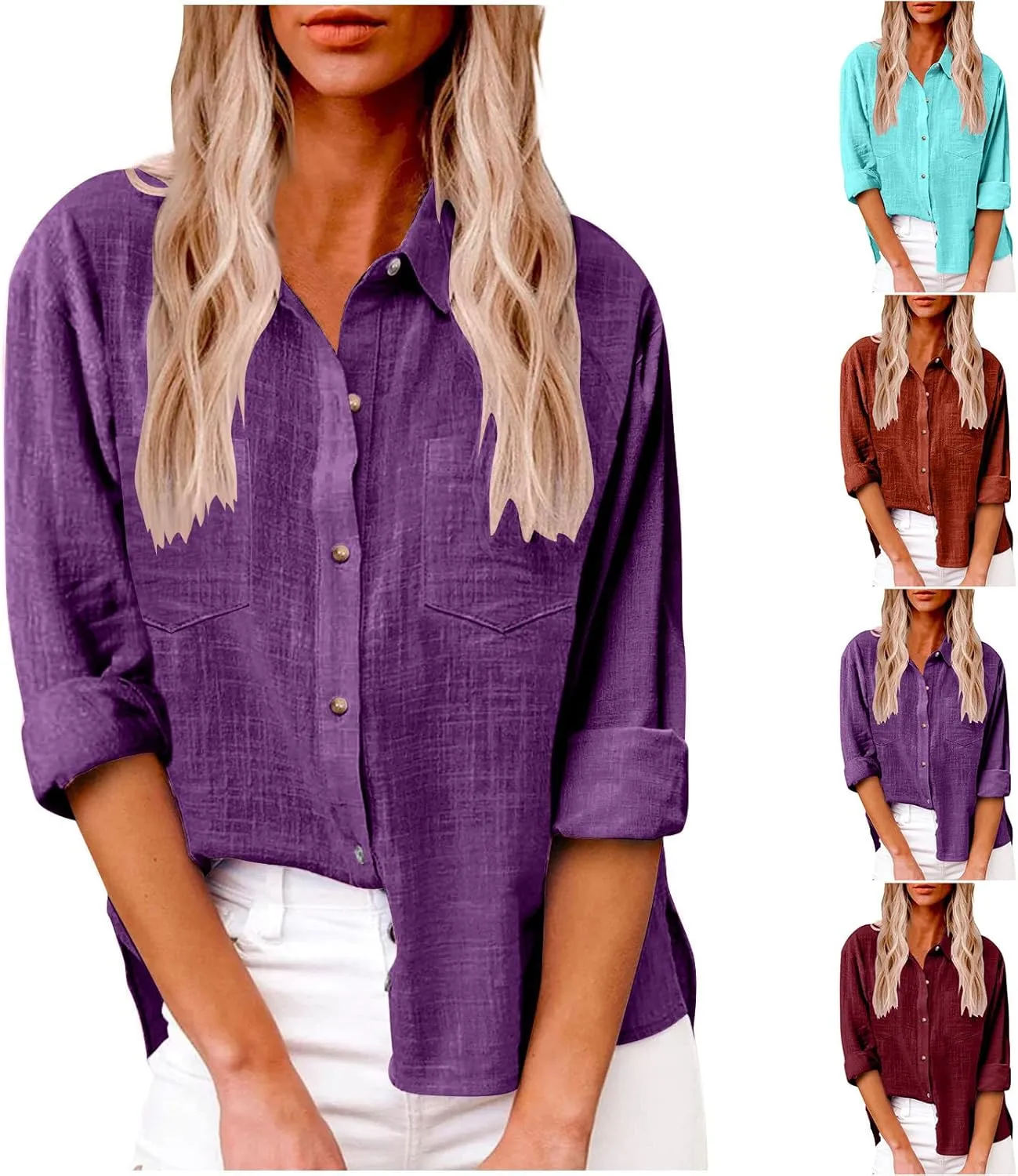 Linen Tops for Women Cotton Linen Button Down Shirt Casual Lightweight Long Sleeve Solid Colorloose Work Blouses