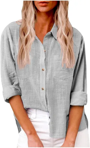 Linen Tops for Women Cotton Linen Button Down Shirt Casual Lightweight Long Sleeve Solid Colorloose Work Blouses