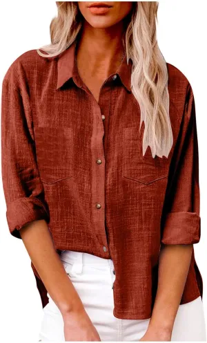 Linen Tops for Women Cotton Linen Button Down Shirt Casual Lightweight Long Sleeve Solid Colorloose Work Blouses