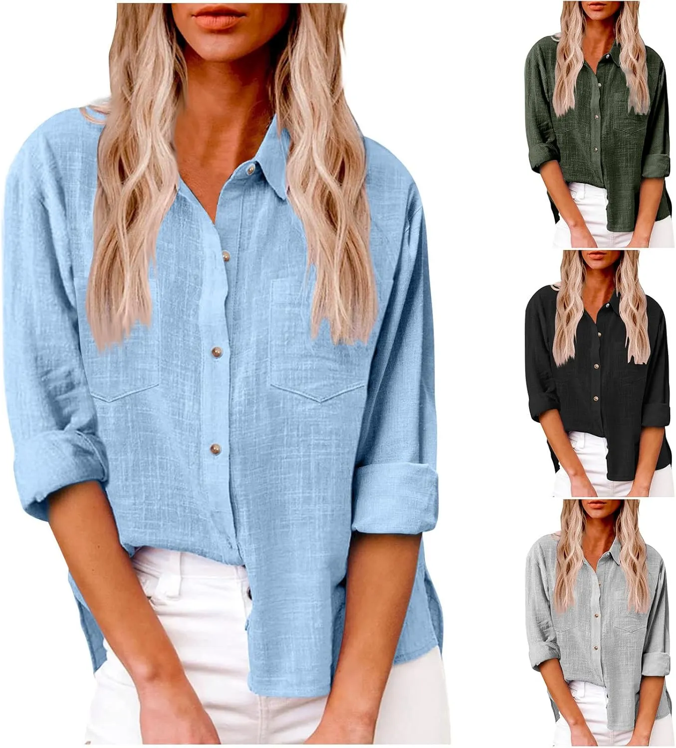 Linen Tops for Women Cotton Linen Button Down Shirt Casual Lightweight Long Sleeve Solid Colorloose Work Blouses