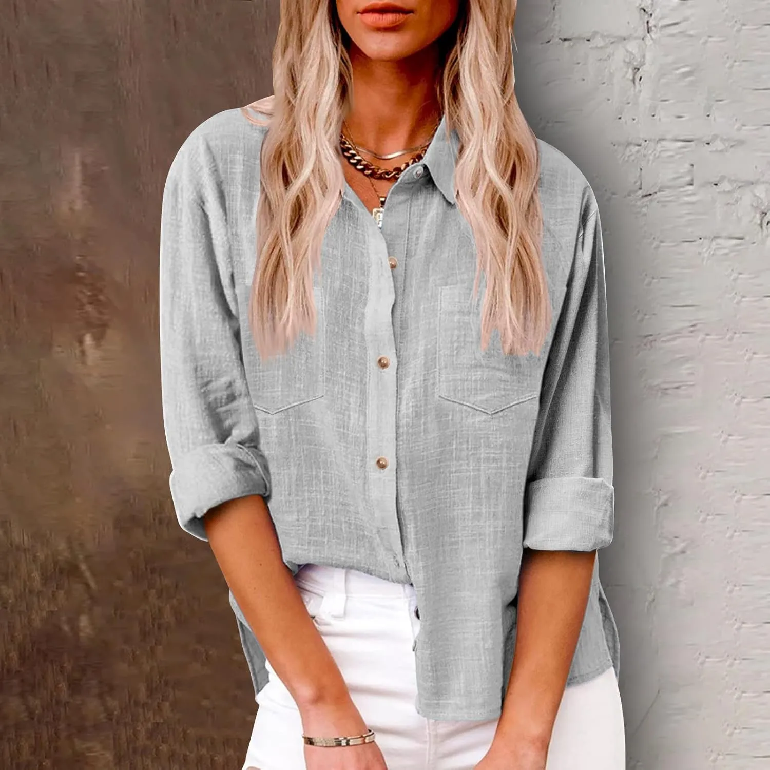 Linen Tops for Women Cotton Linen Button Down Shirt Casual Lightweight Long Sleeve Solid Colorloose Work Blouses