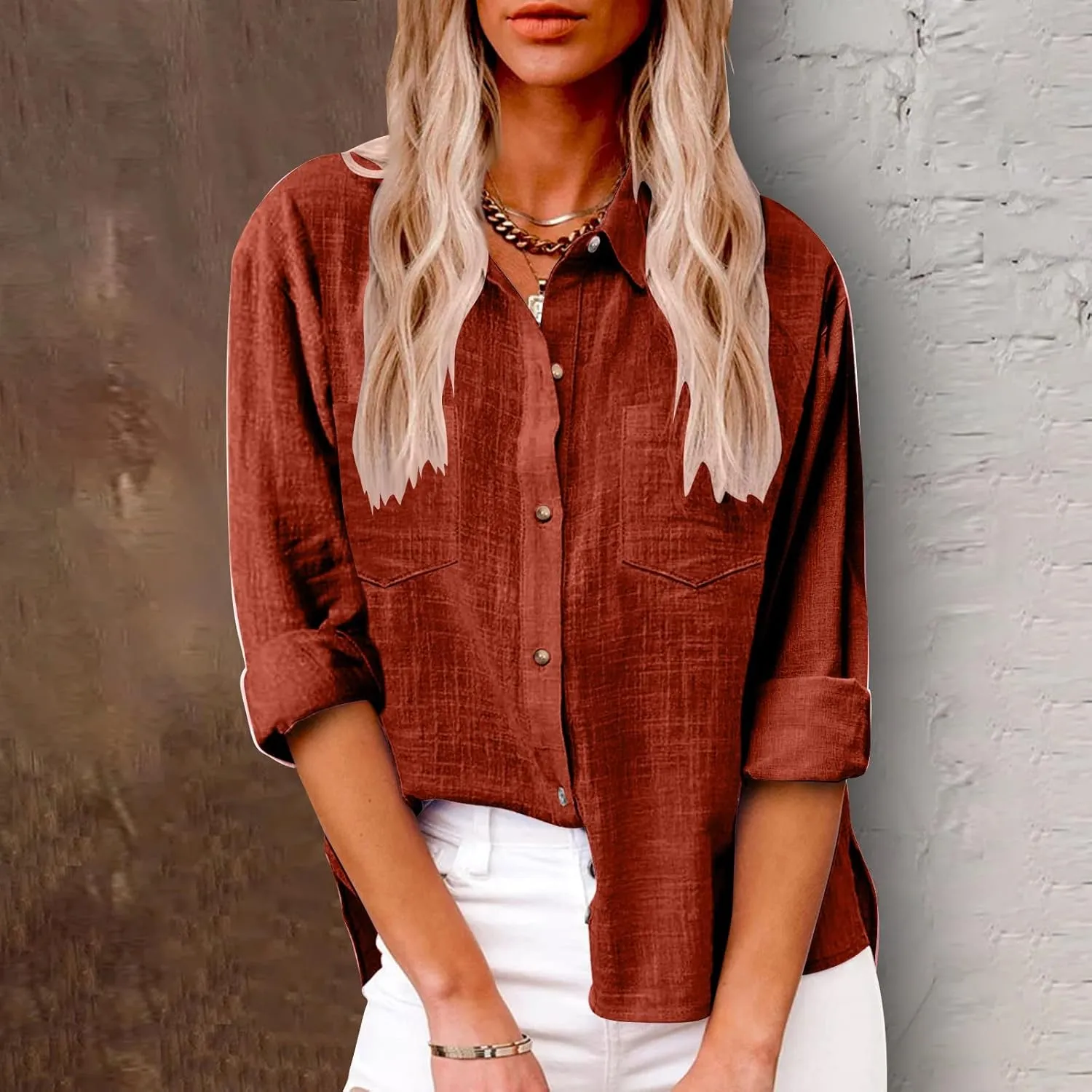 Linen Tops for Women Cotton Linen Button Down Shirt Casual Lightweight Long Sleeve Solid Colorloose Work Blouses