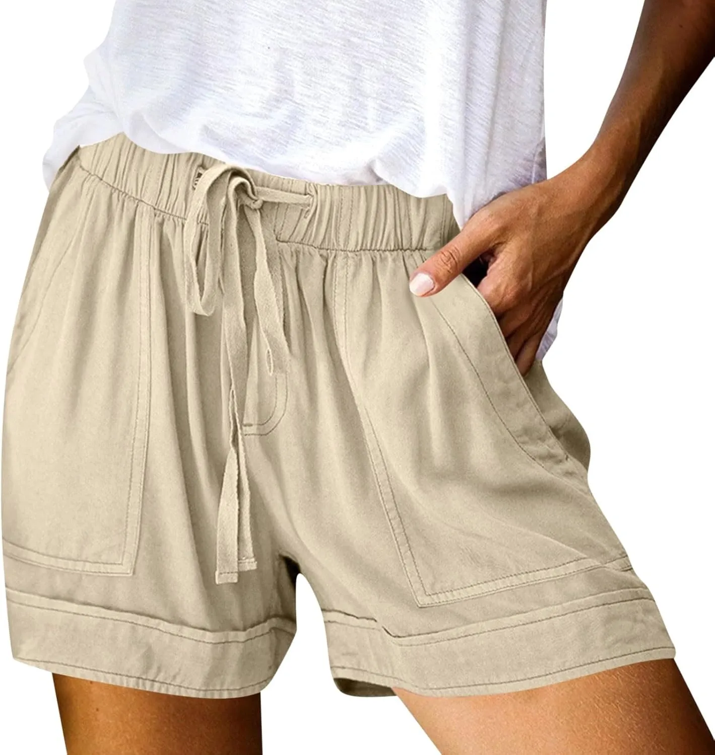 Linen Womens Shorts with Pockets Drawstring Elastic Waist Cotton Linen Beach Vacation Trendy 2025 Summer Clothes
