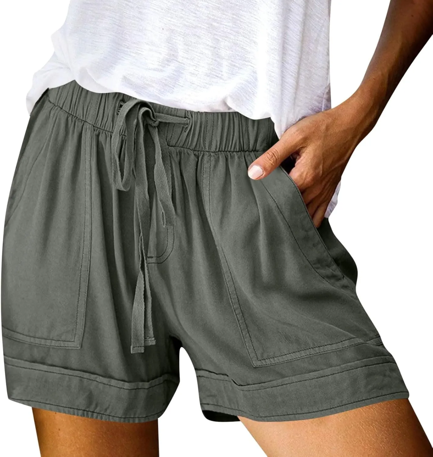 Linen Womens Shorts with Pockets Drawstring Elastic Waist Cotton Linen Beach Vacation Trendy 2025 Summer Clothes