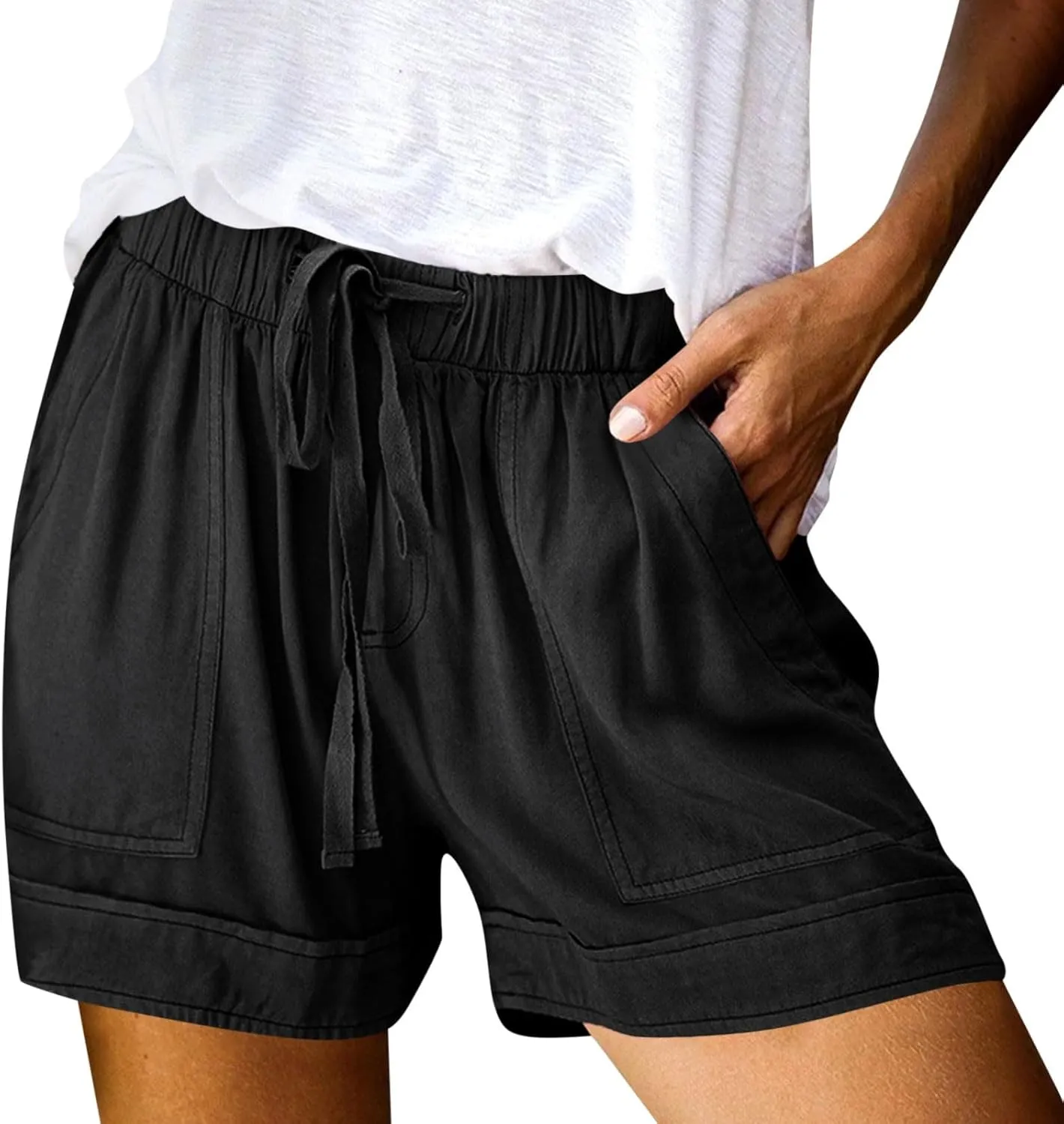 Linen Womens Shorts with Pockets Drawstring Elastic Waist Cotton Linen Beach Vacation Trendy 2025 Summer Clothes