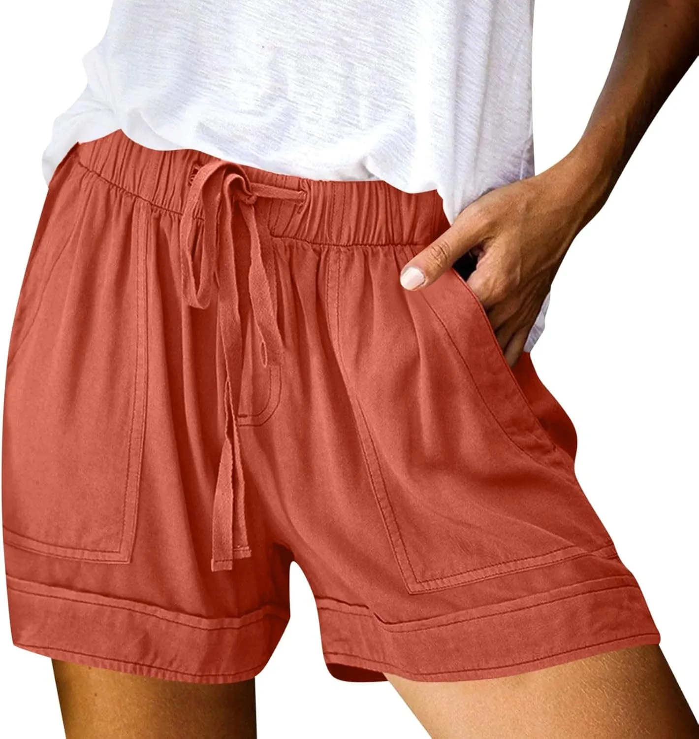 Linen Womens Shorts with Pockets Drawstring Elastic Waist Cotton Linen Beach Vacation Trendy 2025 Summer Clothes