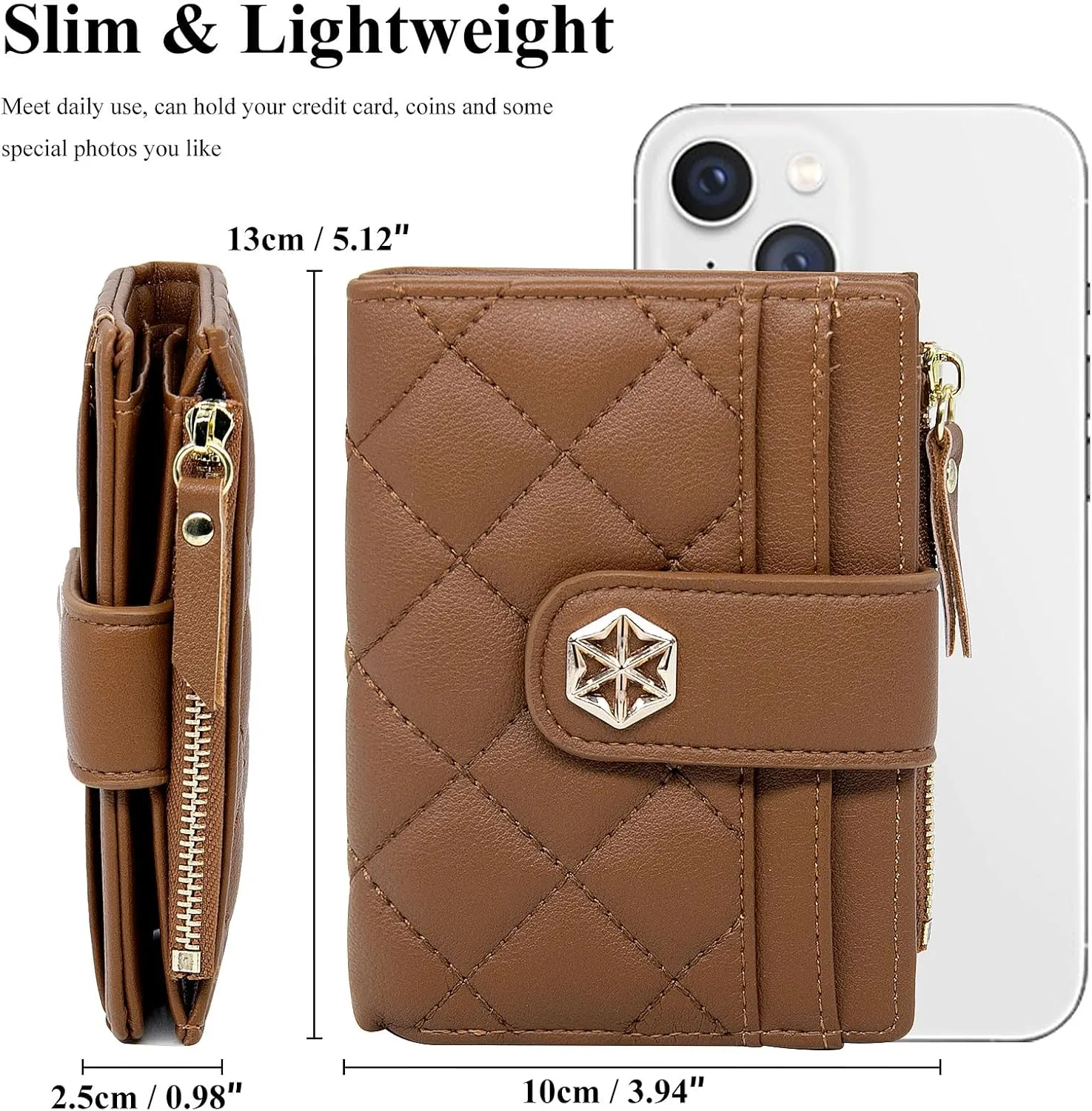 LJCZKA Womens Wallet Card Holder Small Bifold RFID Blocking Purse Short Quilted Leather Pocket for Women Girls Ladies (Brown)
