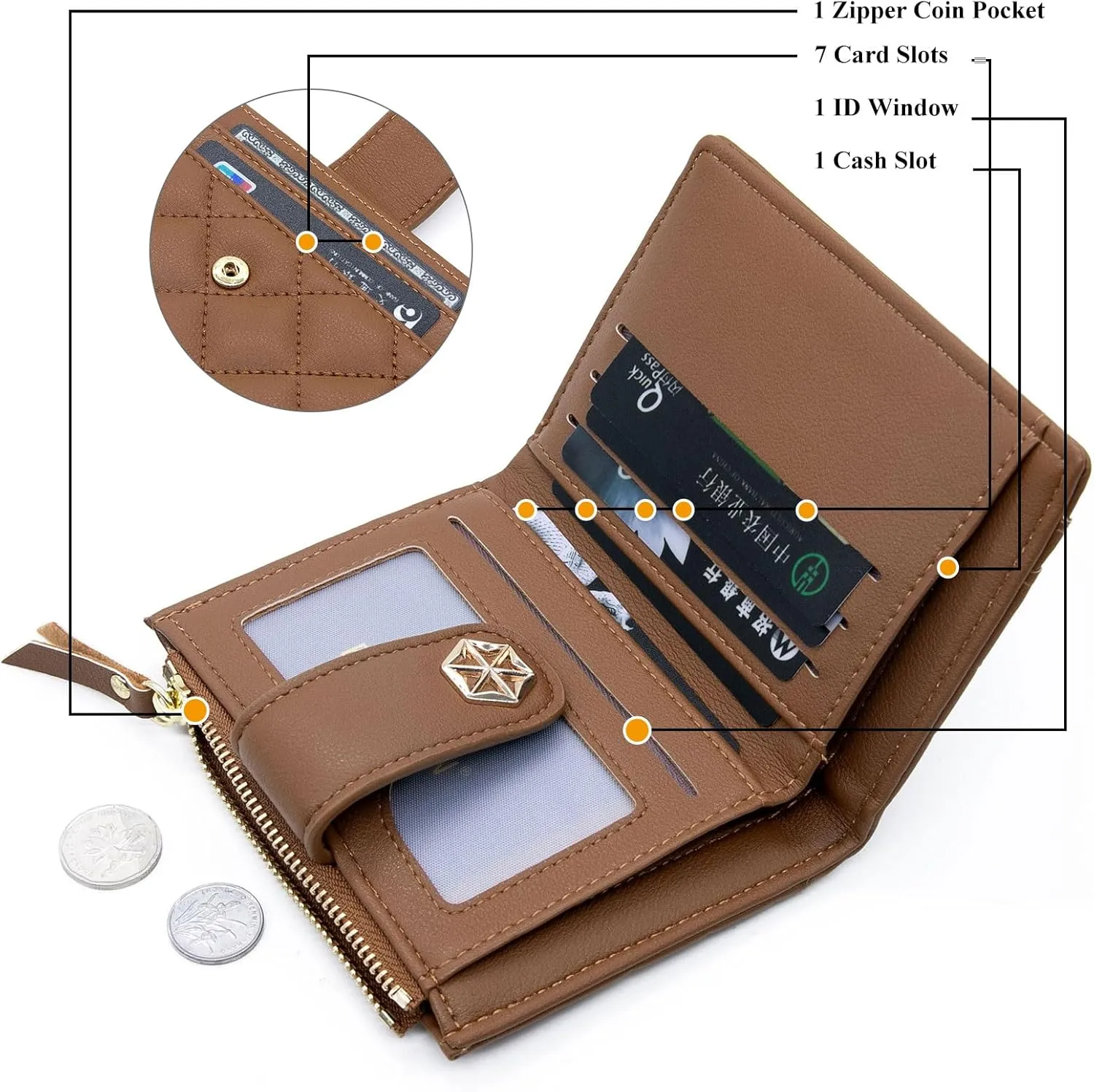 LJCZKA Womens Wallet Card Holder Small Bifold RFID Blocking Purse Short Quilted Leather Pocket for Women Girls Ladies (Brown)