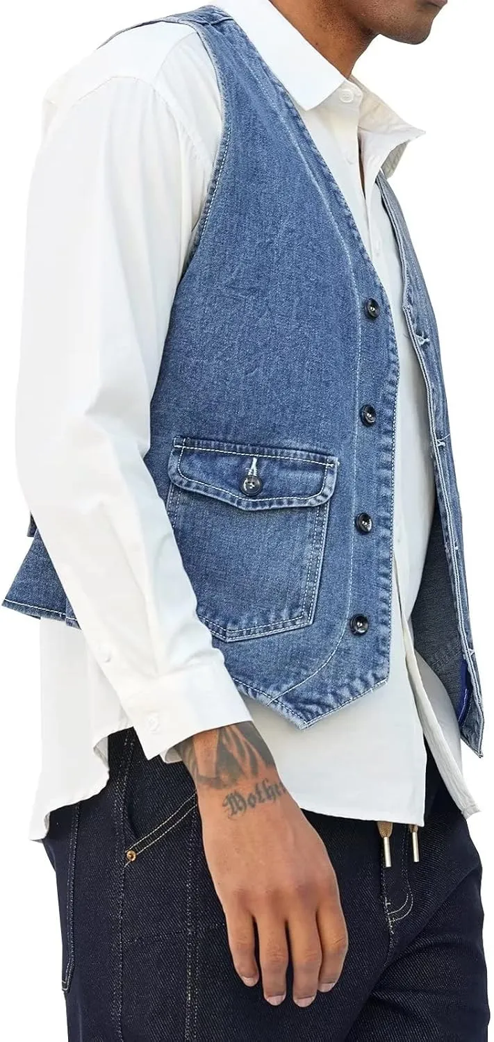 LONGBIDA Men's Denim Vest Casual Slim Fit Sleeveless Jacket Outdoor Jean Vests