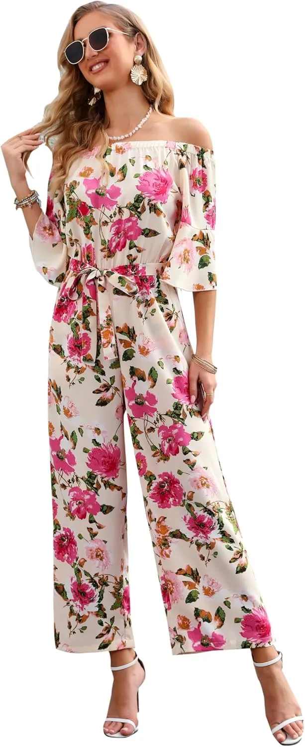 Love Welove Fashion Summer Jumpsuits for Women 2025 Floral Off Shoulder Wide Leg One-Piece Romper Casual Dressy Outfit