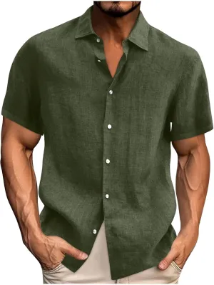 LRMQS Cotton Linen Shirts for Men Short Sleeve Plus Size Casual Summer Beach Button Down Shirt Tops Hawaiian Vacation Clothes