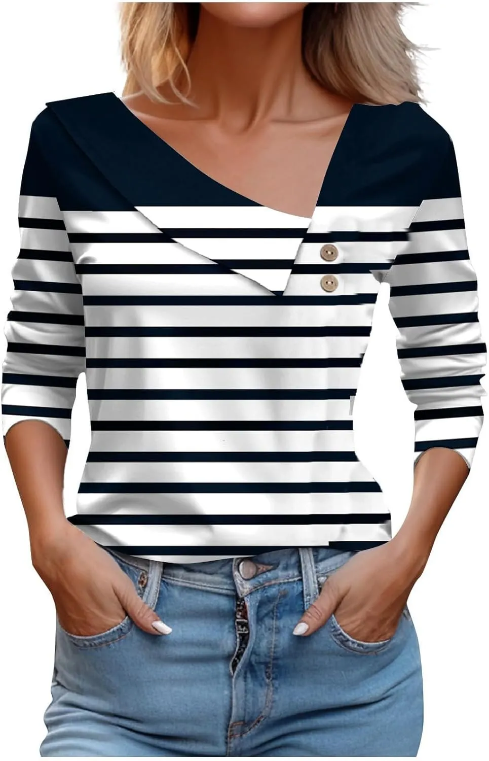 LRMQS Spring Tops for Women 2024 Trendy Casual Long Sleeve Asymmetric V Neck Button Blouses Dressy Woman Shirts Clothing