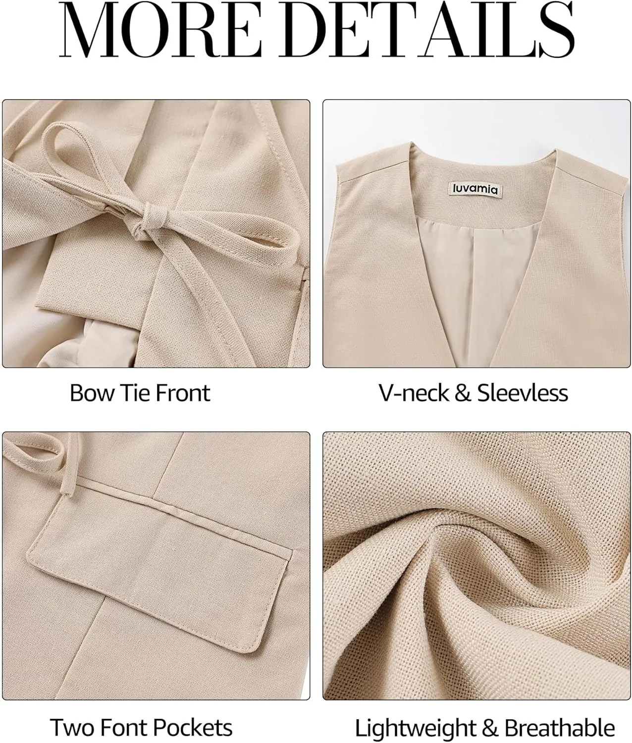 luvamia Linen Vest for Women Trendy Sleeveless Tie Front Tops Summer Casual Top Waistcoat Suit Vests with Pockets