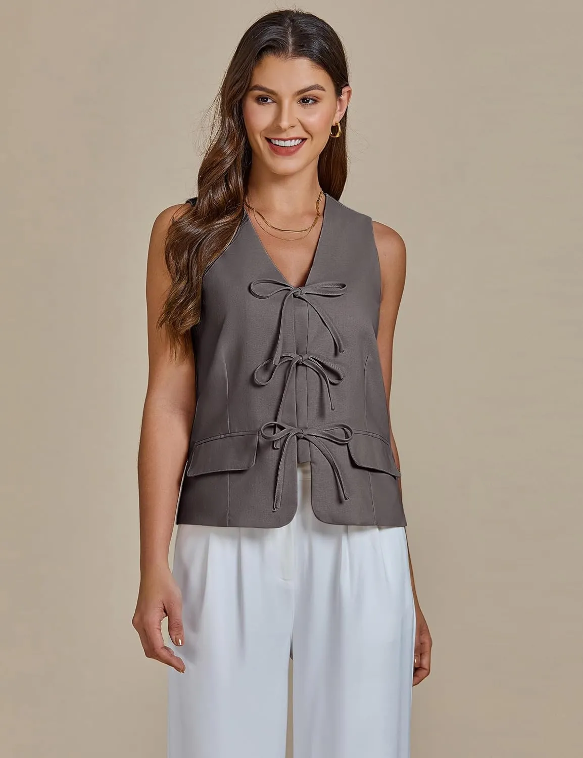 luvamia Linen Vest for Women Trendy Sleeveless Tie Front Tops Summer Casual Top Waistcoat Suit Vests with Pockets