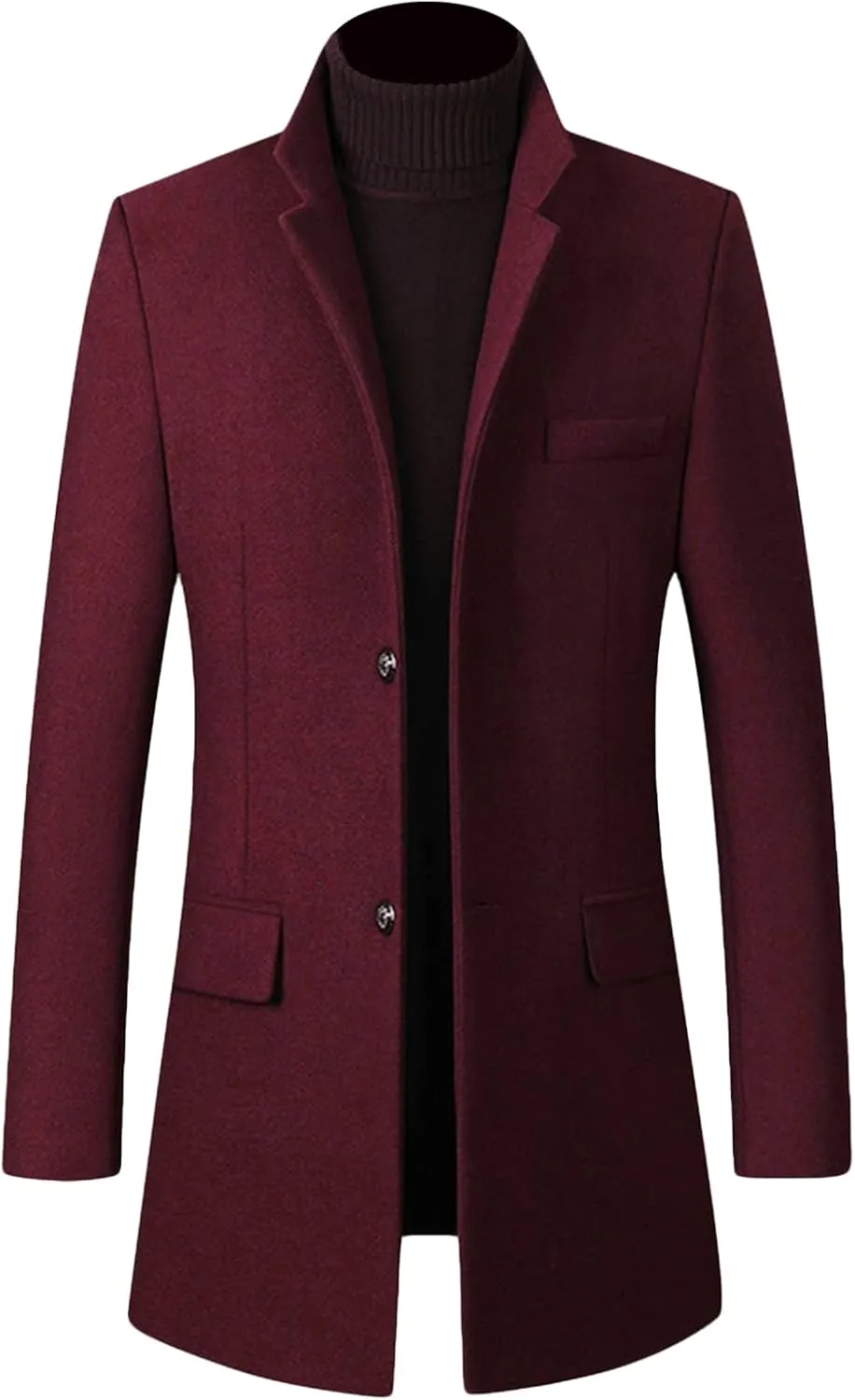 Maiyifu-GJ Mens Mid-Length Single Breasted Coat Stylish Stand Collar Top Pea Coats Winter Windproof Business Trench Overcoat