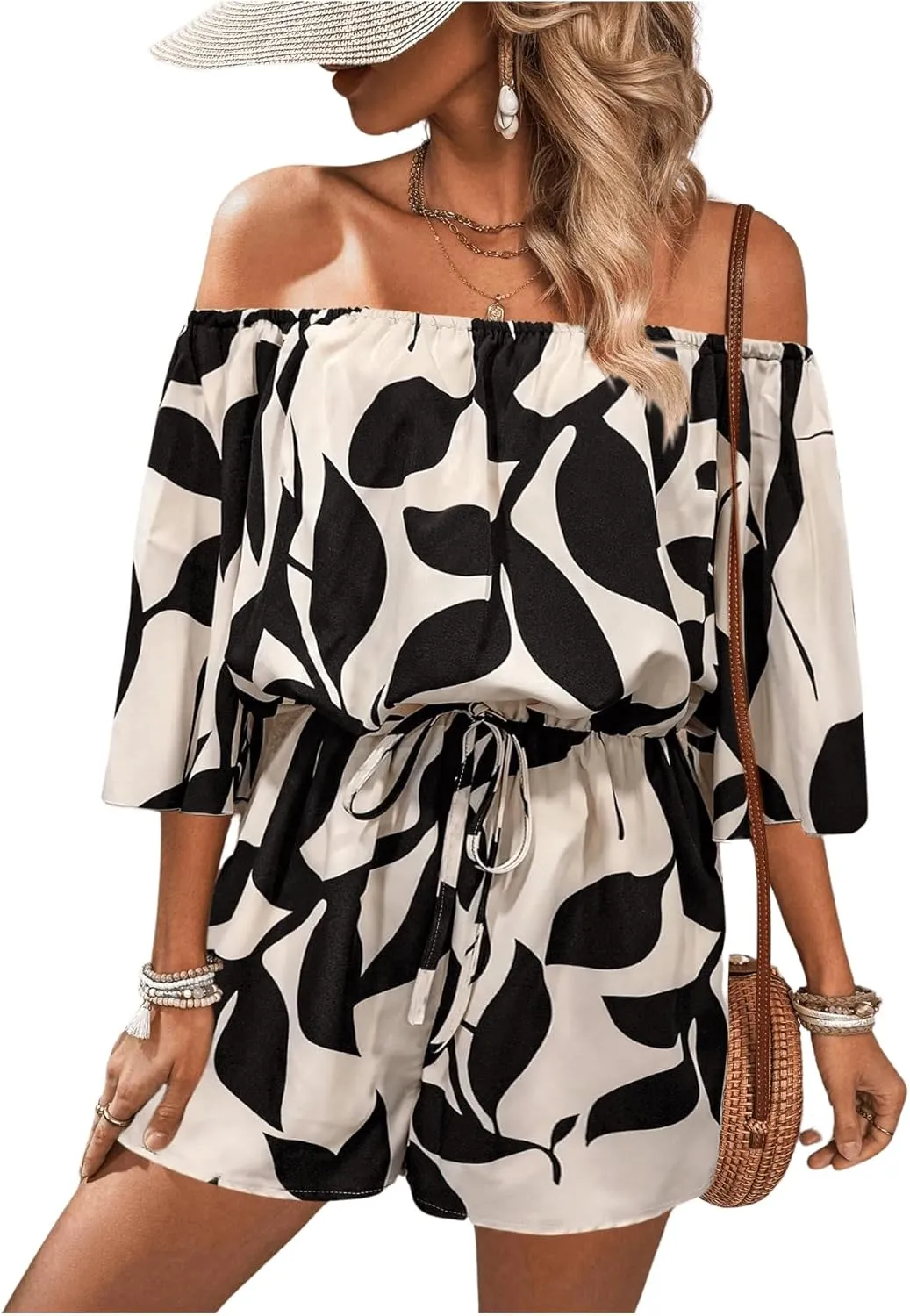 MakeMeChic Women's Summer Off Shoulder Rompers Tropical Print Half Sleeve Wide Leg Short Jumpsuit
