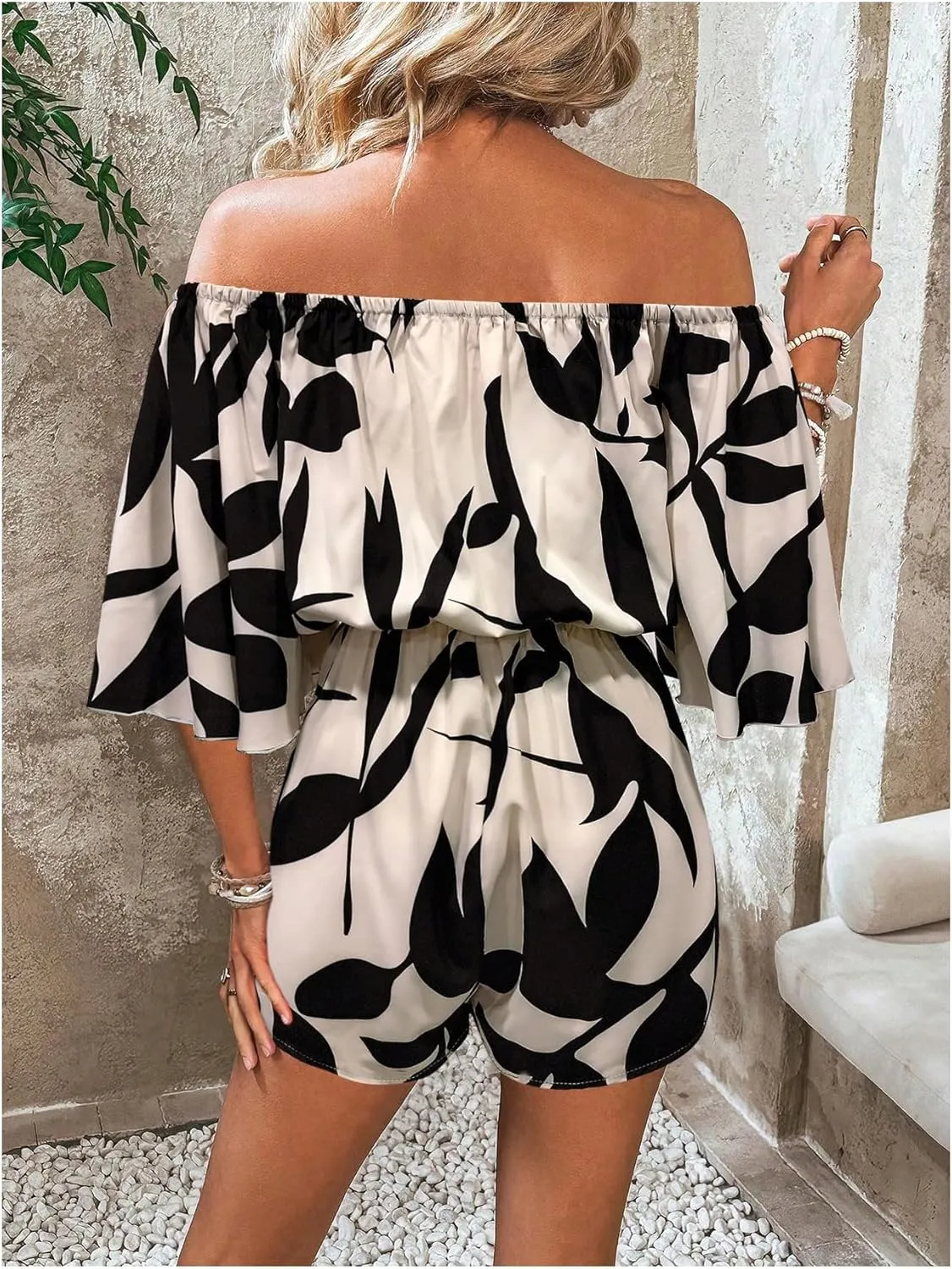 MakeMeChic Women's Summer Off Shoulder Rompers Tropical Print Half Sleeve Wide Leg Short Jumpsuit