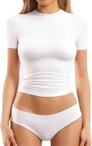 MANGOPOP Women's Double Lined Short Sleeve Long Sleeve Tops Crew Neck T Shirt Compression Fitted Basic Tee