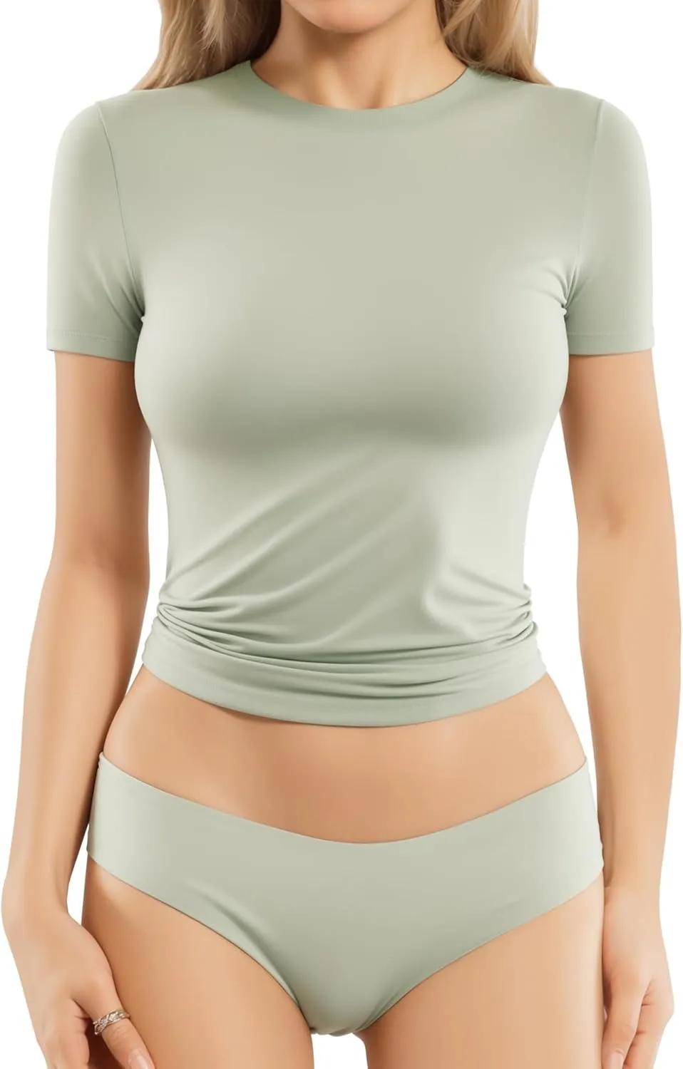 MANGOPOP Women's Double Lined Short Sleeve Long Sleeve Tops Crew Neck T Shirt Compression Fitted Basic Tee