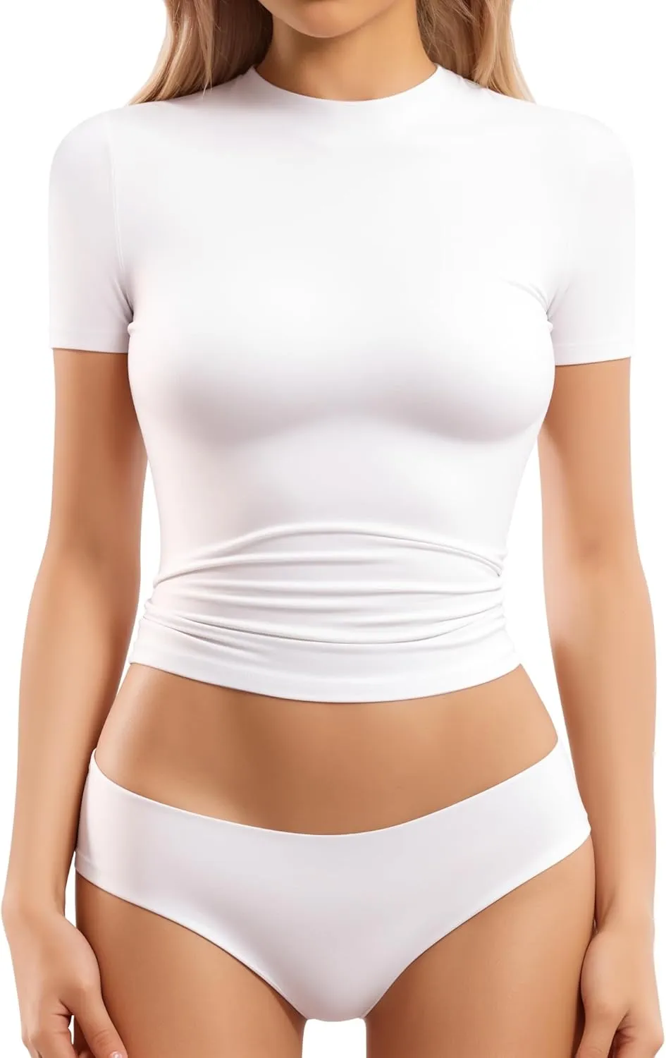 MANGOPOP Women's Double Lined Short Sleeve Long Sleeve Tops Crew Neck T Shirt Compression Fitted Basic Tee