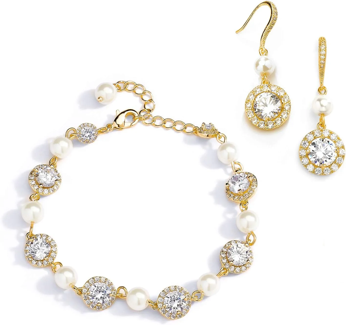 Mariell 14K Gold Plated Pearl Round CZ Bridal Bracelet & Earrings Set - Wedding Jewelry for Bridesmaids