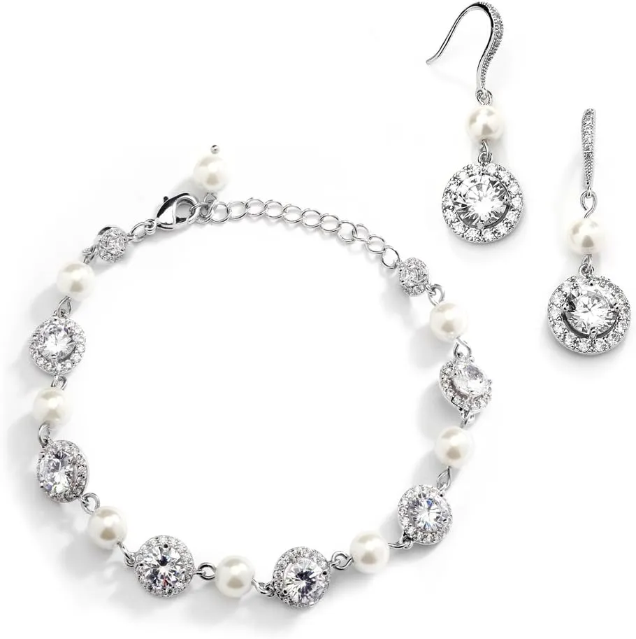Mariell Ivory Pearl & Round CZ Bridal Bracelet & Earrings Set - Wedding Jewelry Sets for Bridesmaids