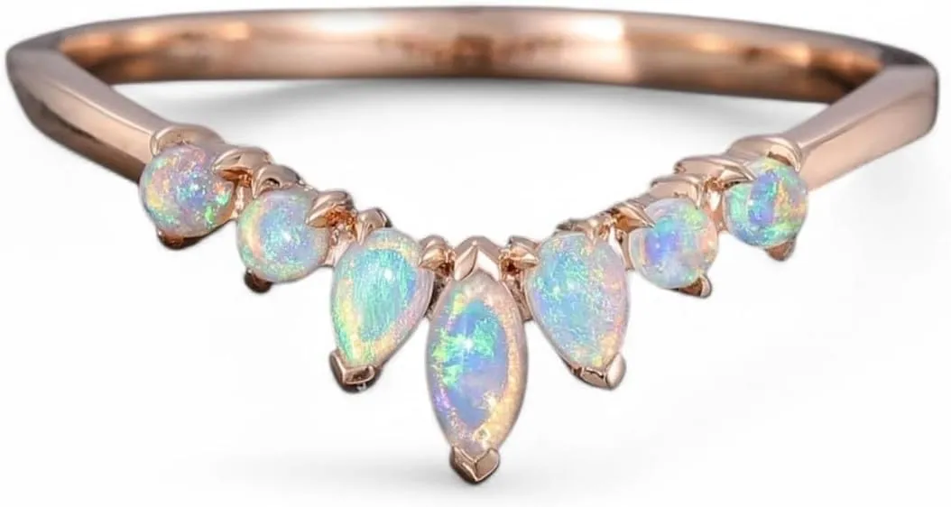 Marquise Curved Opal wedding band women Vintage 14k rose gold engagement Ring Natural Opal wedding band unique Pear shaped Bridal Stacking promise Ring