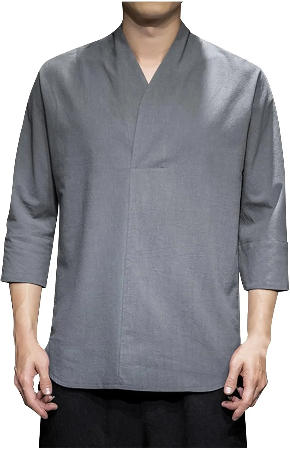 Men 3/4 Sleeve Cotton Linen Top Wrap V Neck Hipster Shirts Loose Fit Beach Hippie Tunic Yoga Tops Big and Tall