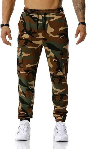 Men Camo Cargo Jogger Sweatpants Casual Drawstring Camouflage Cargo Work Pants with Pockets