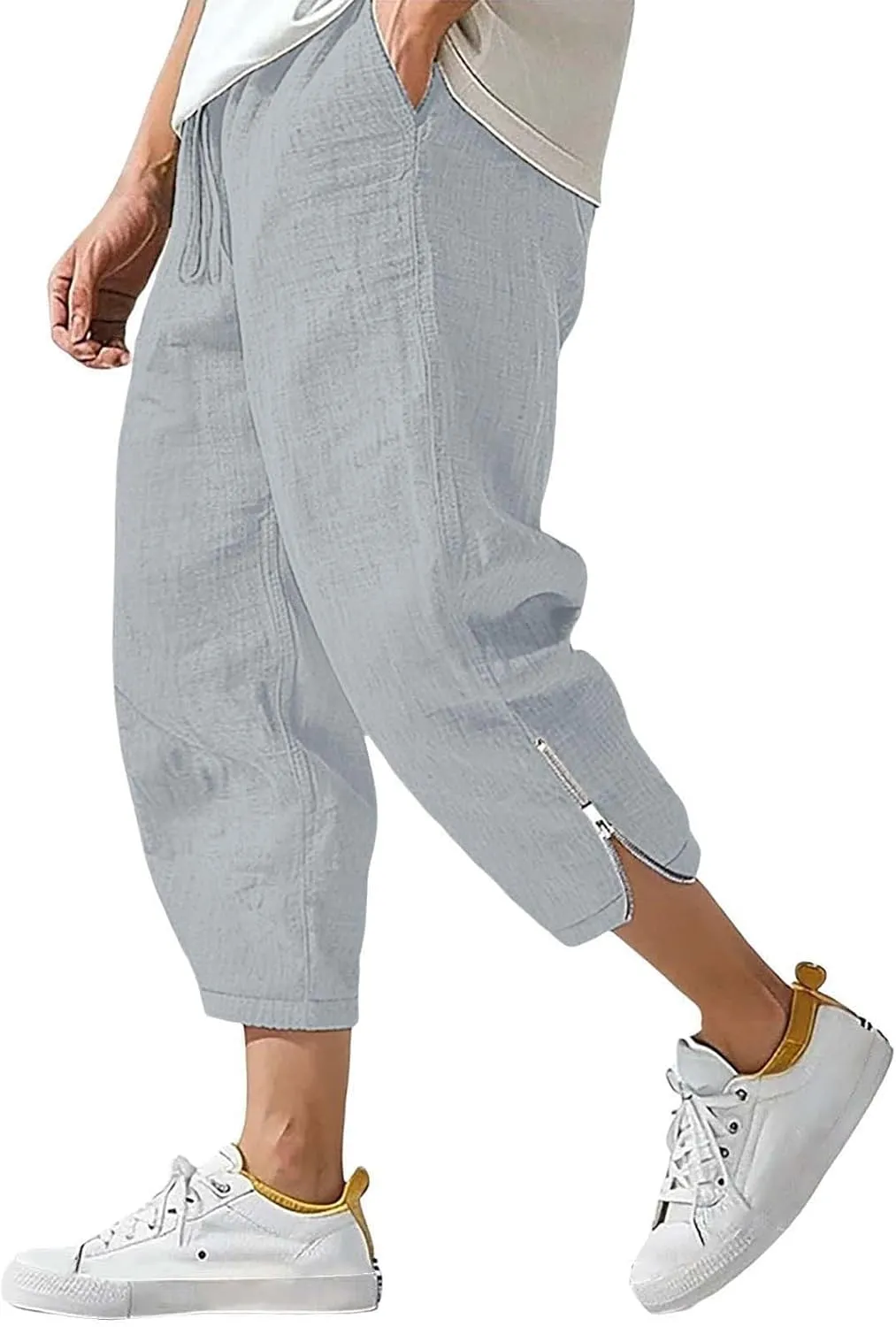 Men Linen Capri Pants Plus Size Drawstring Elastic Waist Zipper Cuffs Cropped Trousers Lightweight Beach Pants Pocket