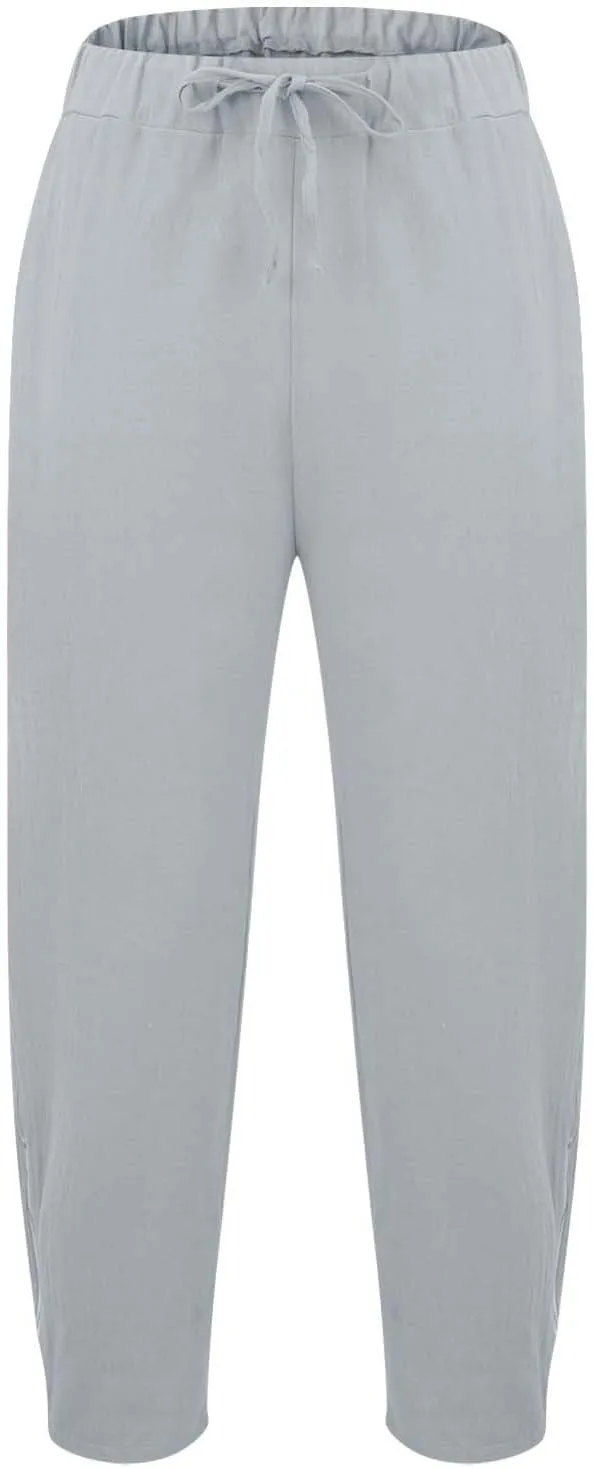 Men Linen Capri Pants Plus Size Drawstring Elastic Waist Zipper Cuffs Cropped Trousers Lightweight Beach Pants Pocket