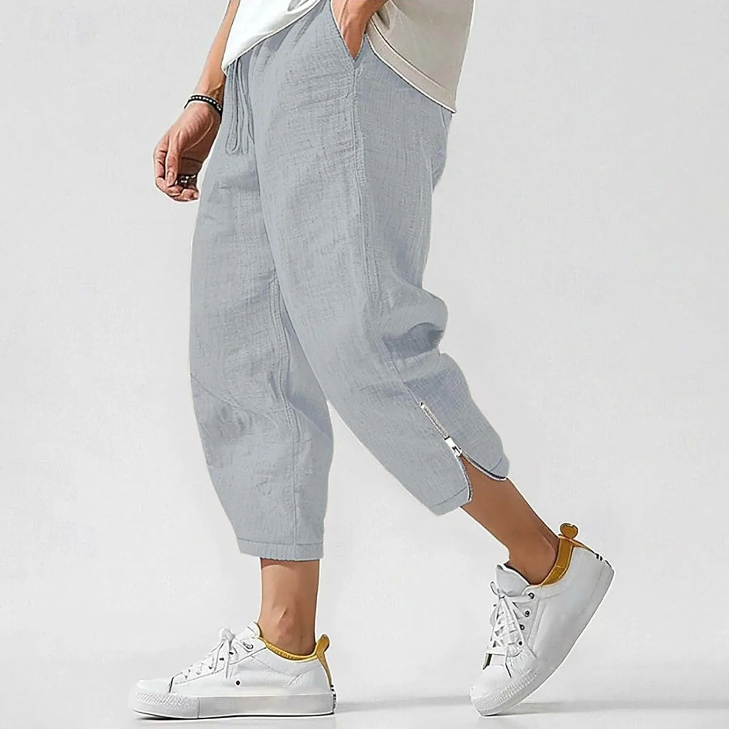 Men Linen Capri Pants Plus Size Drawstring Elastic Waist Zipper Cuffs Cropped Trousers Lightweight Beach Pants Pocket