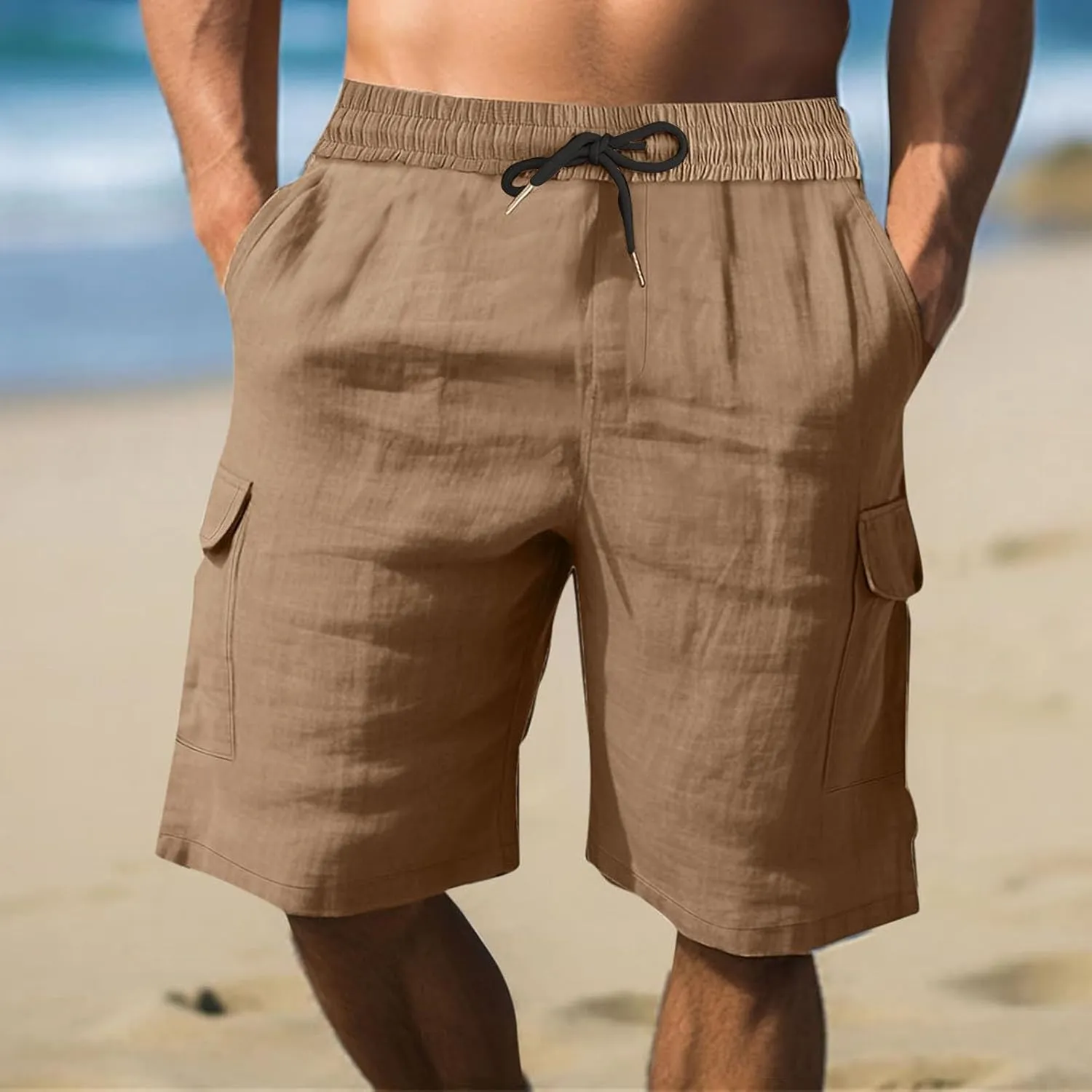 Men Linen Shorts Elastic Waist Drawstring Cotton Linen Short with Pockets Loose Fit Outdoor Summer Beach Pants