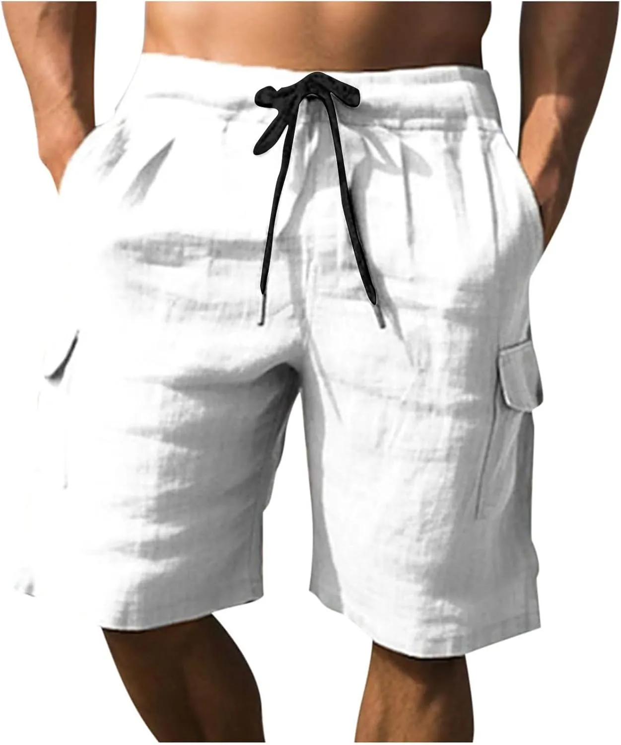 Men Linen Shorts Elastic Waist Drawstring Cotton Linen Short with Pockets Loose Fit Outdoor Summer Beach Pants