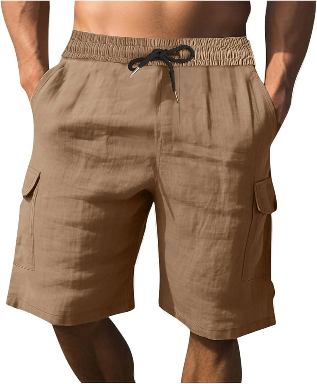 Men Linen Shorts Elastic Waist Drawstring Cotton Linen Short with Pockets Loose Fit Outdoor Summer Beach Pants