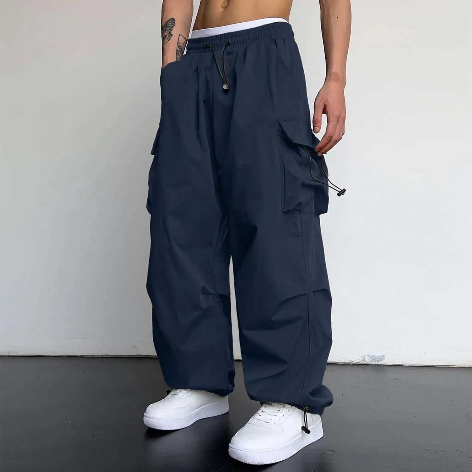 Men's Baggy Cargo Pants Casual Cotton Stretch Elastic Waist Pant Hiking Pant Multi Pockets