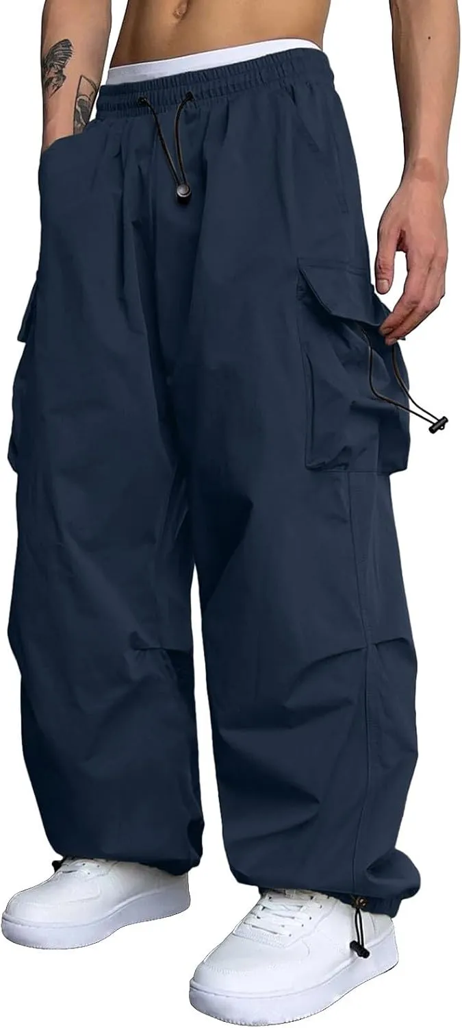 Men's Baggy Cargo Pants Casual Cotton Stretch Elastic Waist Pant Hiking Pant Multi Pockets