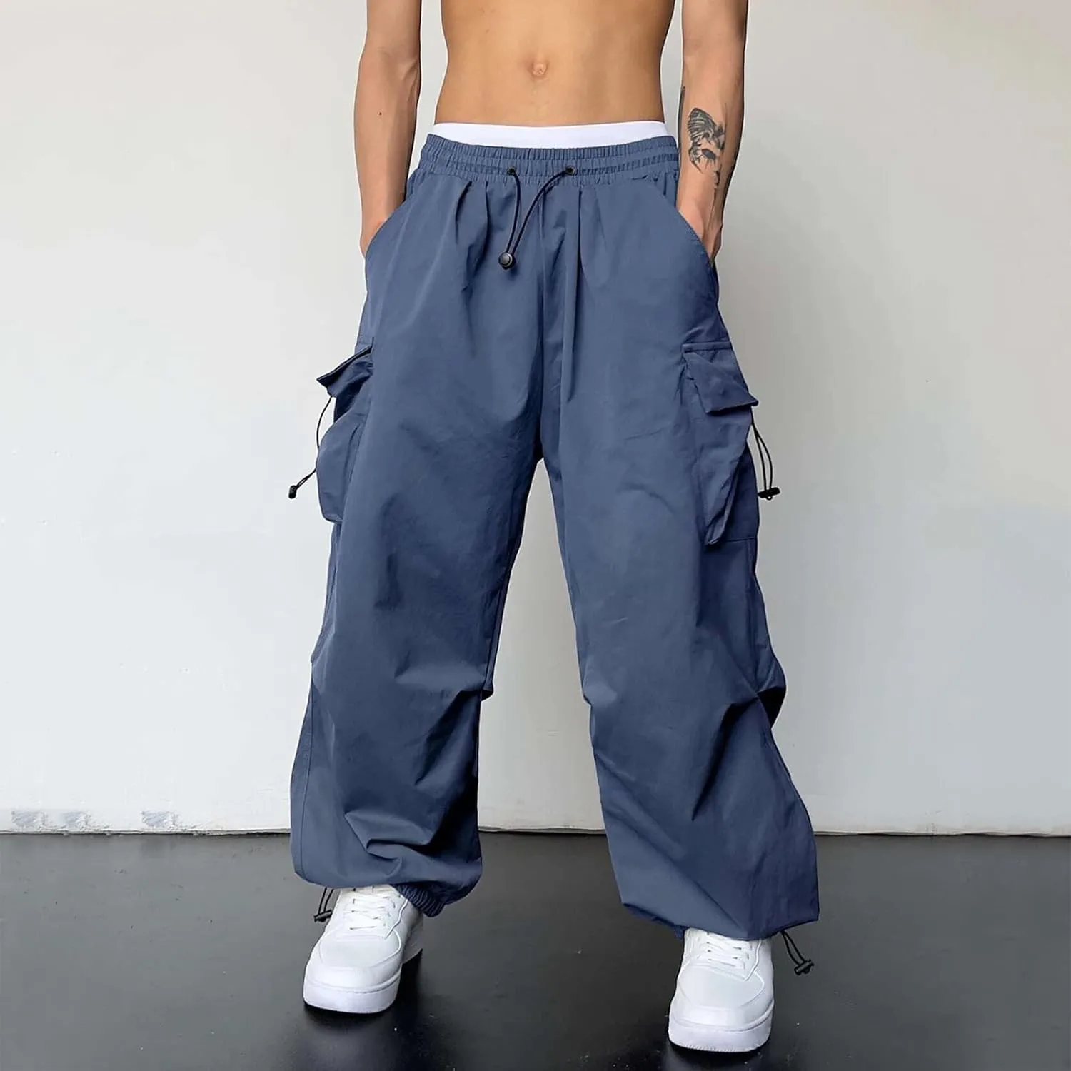 Men's Baggy Cargo Pants Casual Parachute Pants Elastic Waist Drawstring Loose Fit Outdoor Multi Pockets