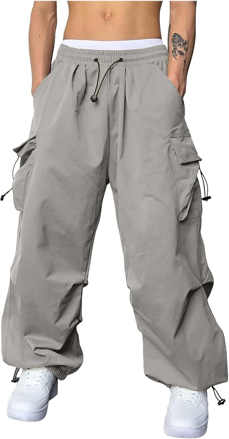 Men's Baggy Cargo Pants Casual Parachute Pants Elastic Waist Drawstring Loose Fit Outdoor Multi Pockets