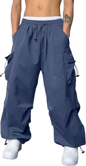 Men's Baggy Cargo Pants Casual Parachute Pants Elastic Waist Drawstring Loose Fit Outdoor Multi Pockets