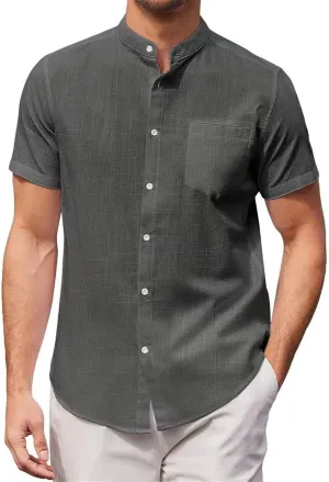 Mens Banded Collar Cotton Linen Shirts, Casual Short Sleeve Button Down Shirts Slim Fit Summer Beach Tops with Pocket