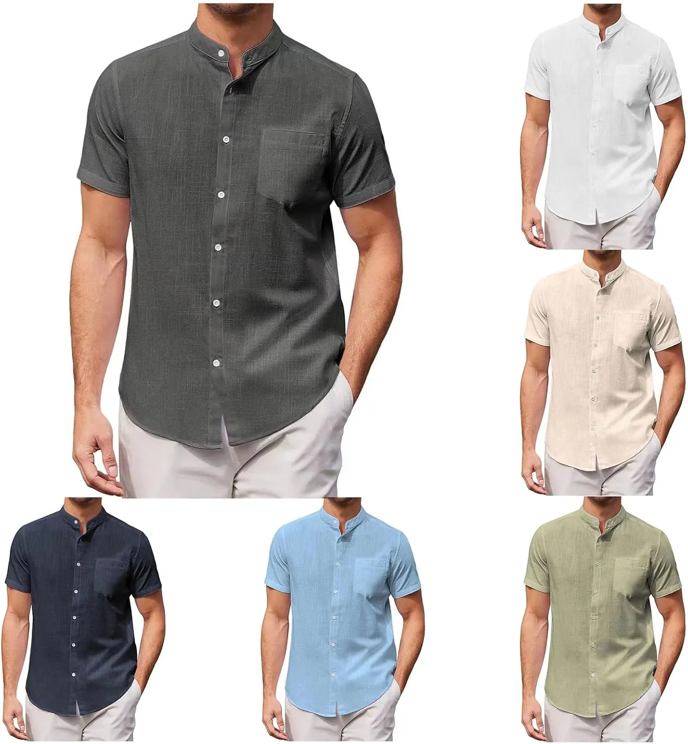 Mens Banded Collar Cotton Linen Shirts, Casual Short Sleeve Button Down Shirts Slim Fit Summer Beach Tops with Pocket