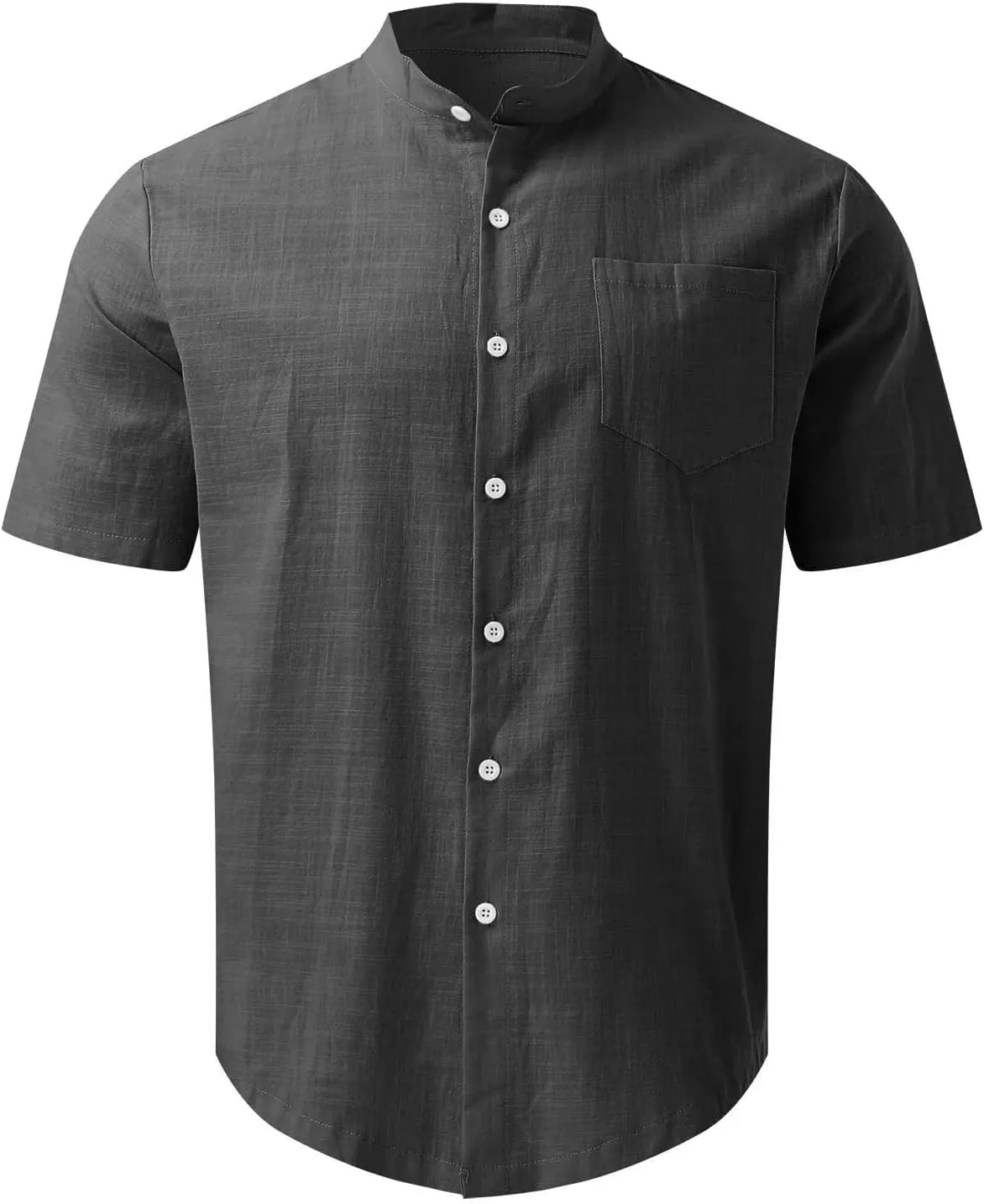 Mens Banded Collar Cotton Linen Shirts, Casual Short Sleeve Button Down Shirts Slim Fit Summer Beach Tops with Pocket
