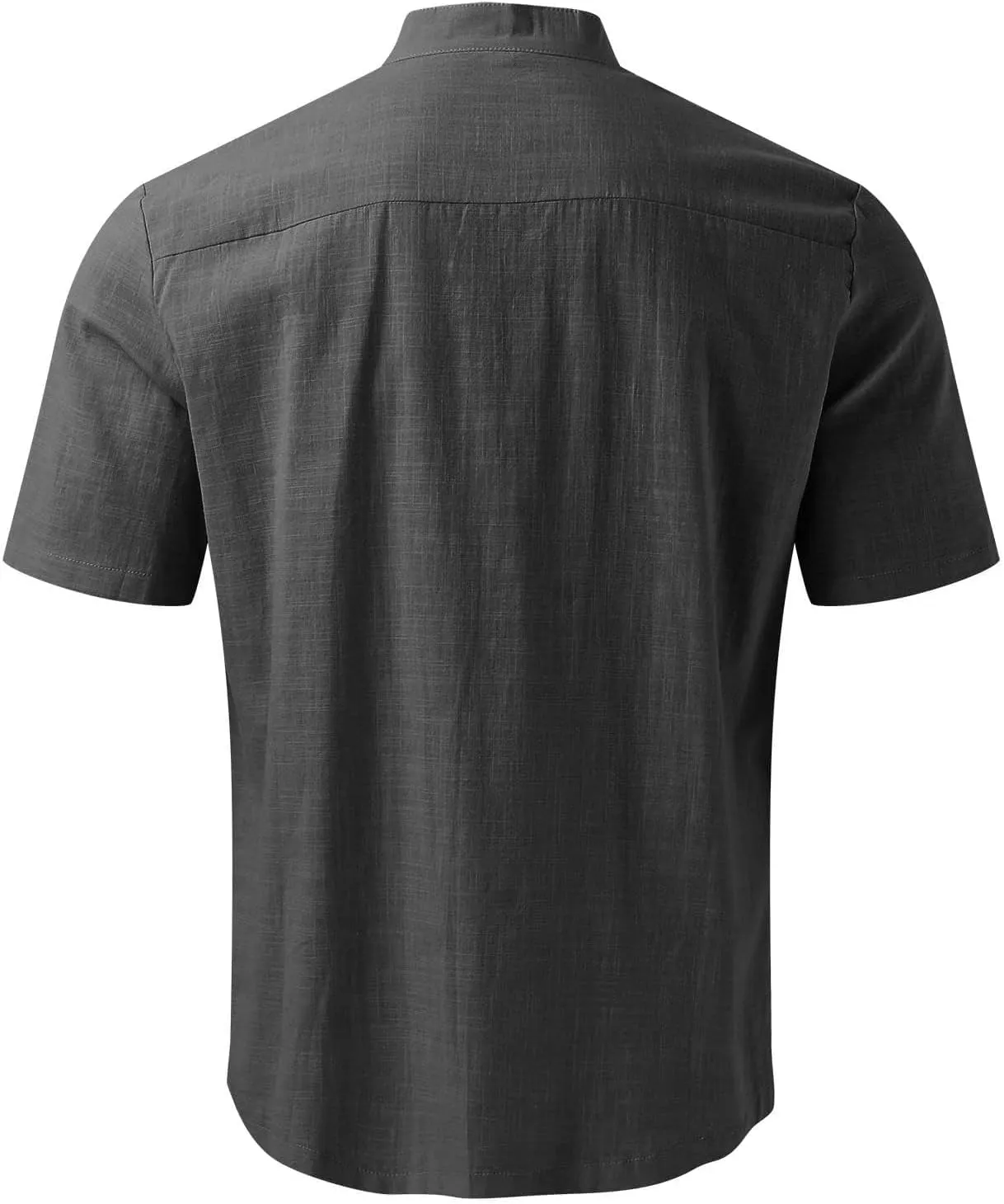 Mens Banded Collar Cotton Linen Shirts, Casual Short Sleeve Button Down Shirts Slim Fit Summer Beach Tops with Pocket