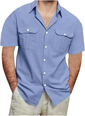 Men's Button Down Short Sleeve Shirt Casual Cotton Linen Beach Tops Plus Size Collared Basic Shirts Holiday Outfits