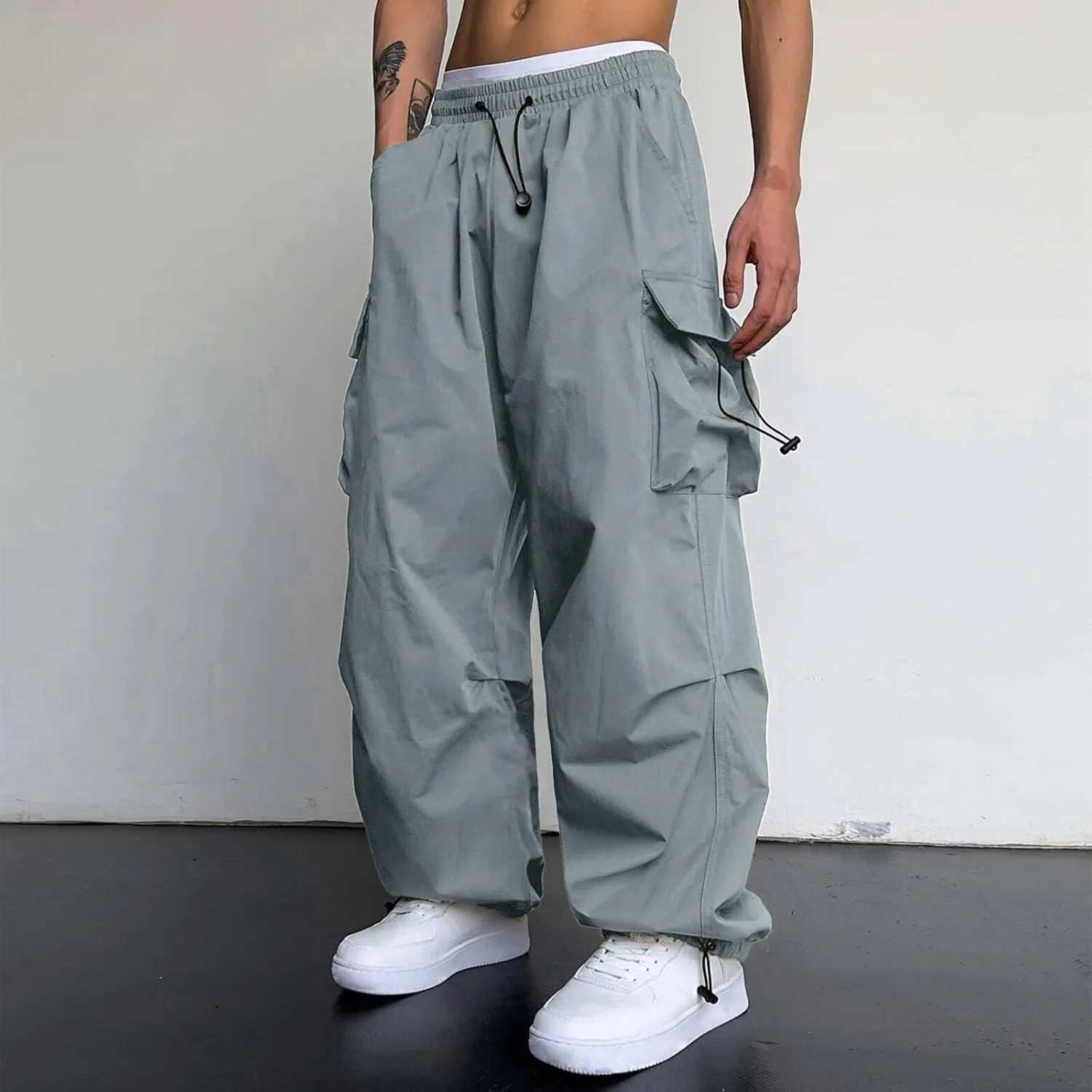 Mens Cargo Pants Casual Loose Fit Wide Leg Elasticated Waist Pant Sweatpants with Pockets