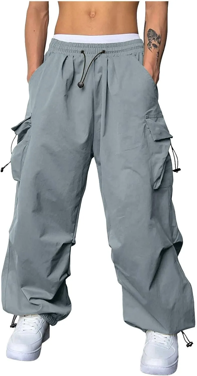 Mens Cargo Pants Casual Loose Fit Wide Leg Elasticated Waist Pant Sweatpants with Pockets