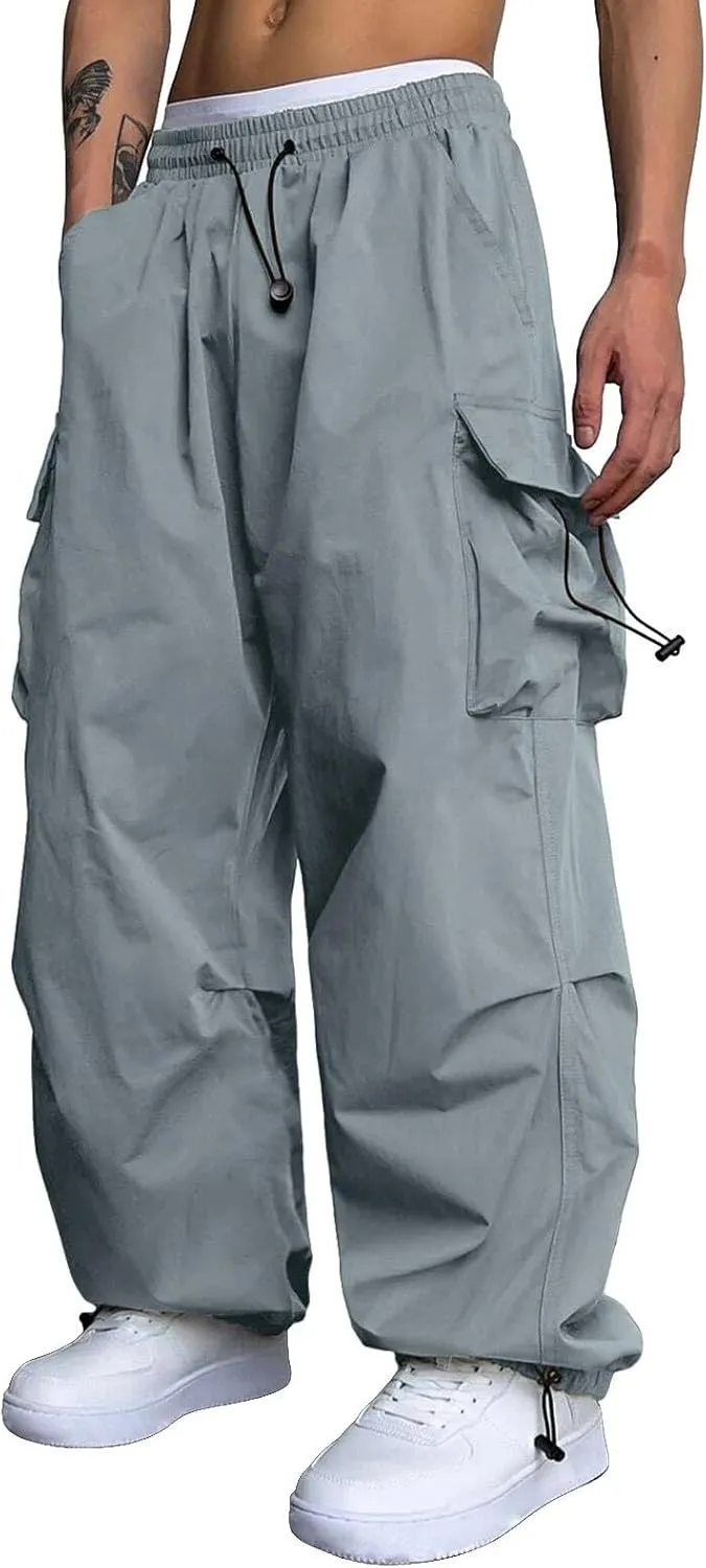 Mens Cargo Pants Casual Loose Fit Wide Leg Elasticated Waist Pant Sweatpants with Pockets