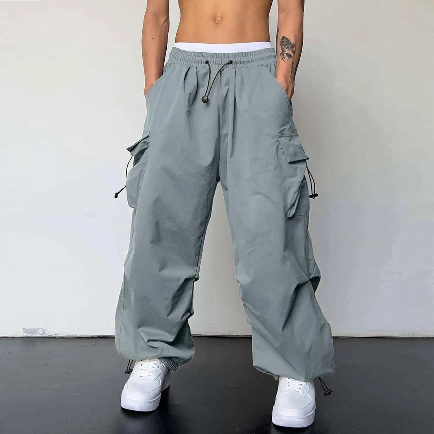 Mens Cargo Pants Casual Loose Fit Wide Leg Elasticated Waist Pant Sweatpants with Pockets