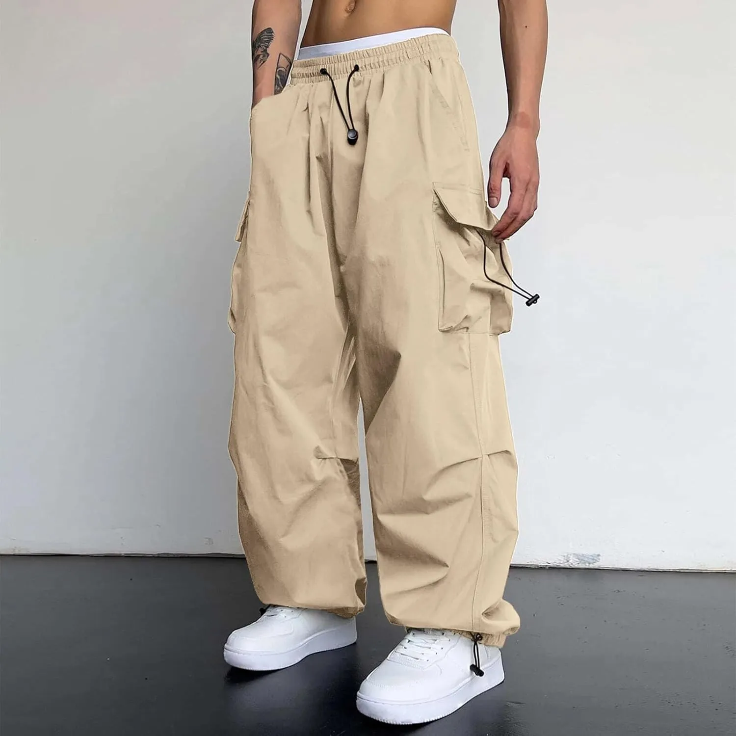Mens Cargo Pants Casual Work Pant Drawstring Elastic Waist Hip Hop Harem Pants with Pockets